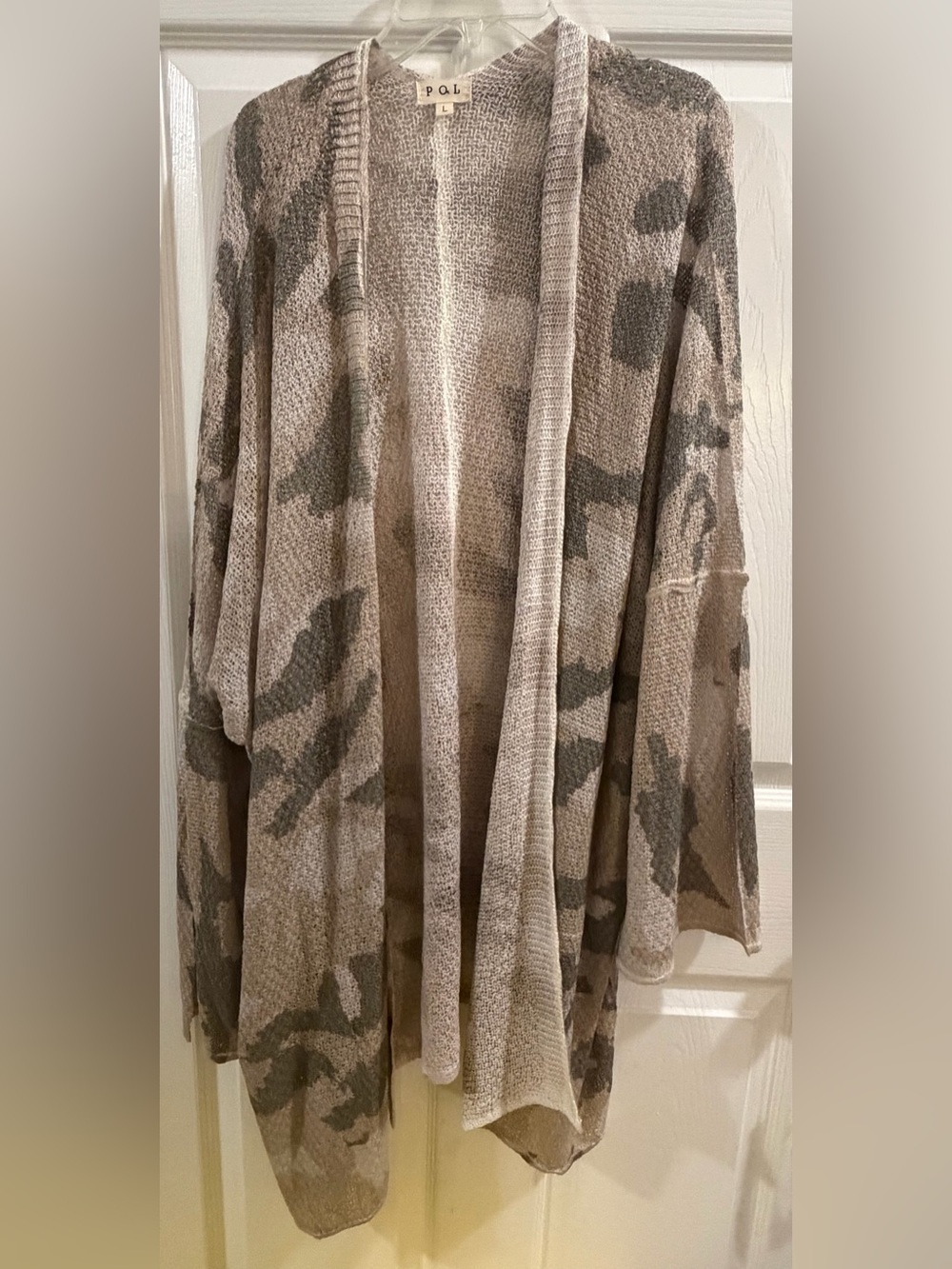 POL Open-Front Camouflage Knit Cardigan in Taupe and Olive